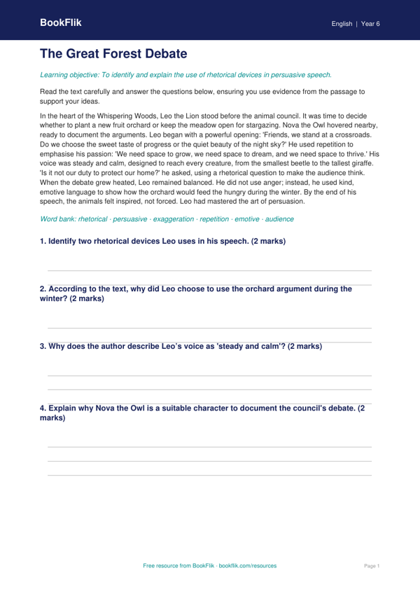 Free Debate And Rhetoric Comprehension | Year 6 Core | BookFlik worksheet preview — English Debate And Rhetoric