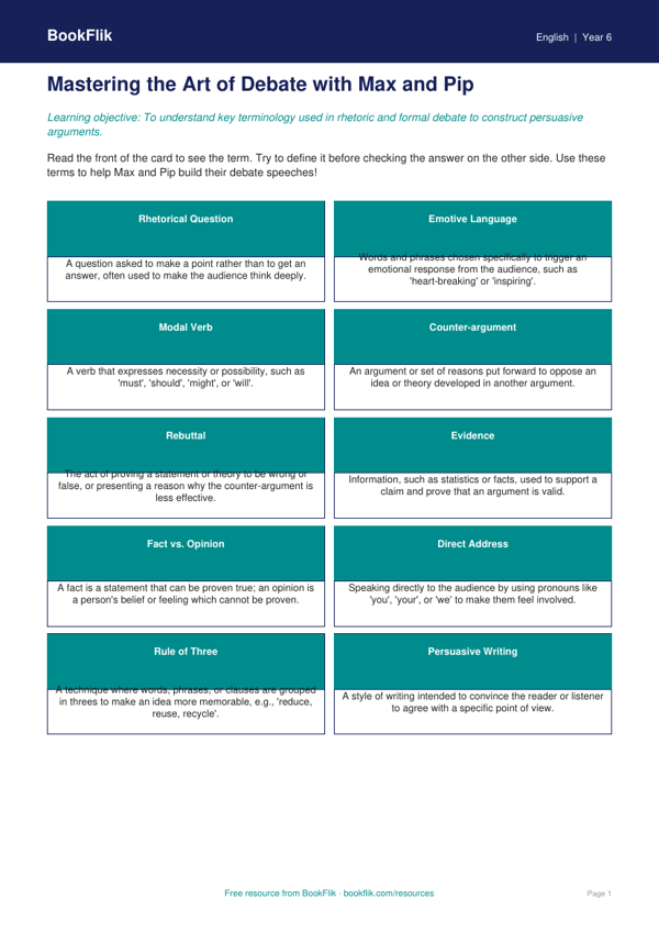 Free Debate And Rhetoric Flashcards | Year 6 Core | BookFlik worksheet preview — English Debate And Rhetoric