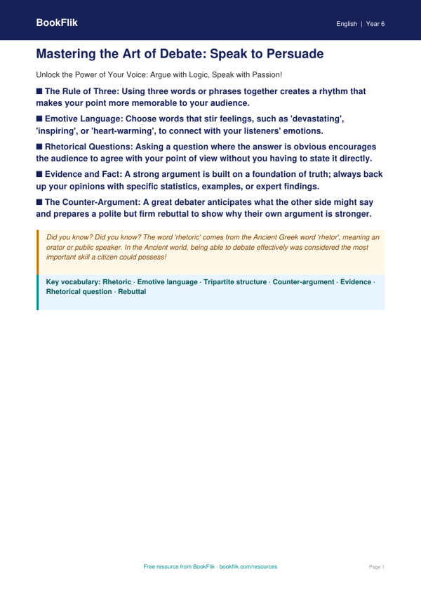 Free Debate And Rhetoric Poster | Year 6 Core | BookFlik worksheet preview — English Debate And Rhetoric