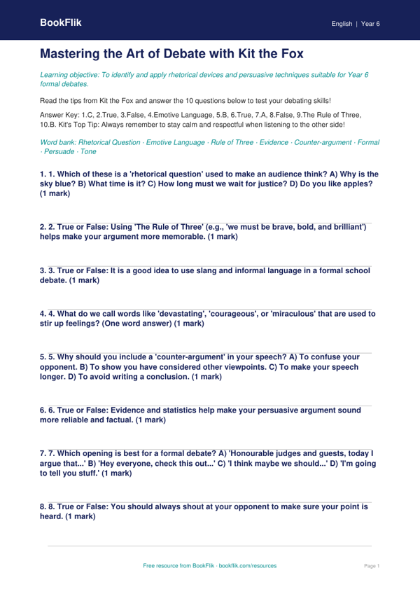 Free Debate And Rhetoric Quiz | Year 6 Core | BookFlik worksheet preview — English Debate And Rhetoric