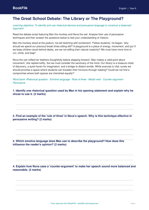Free Debate And Rhetoric Track Sheet | Year 6 Core | BookFlik worksheet preview — English Debate And Rhetoric