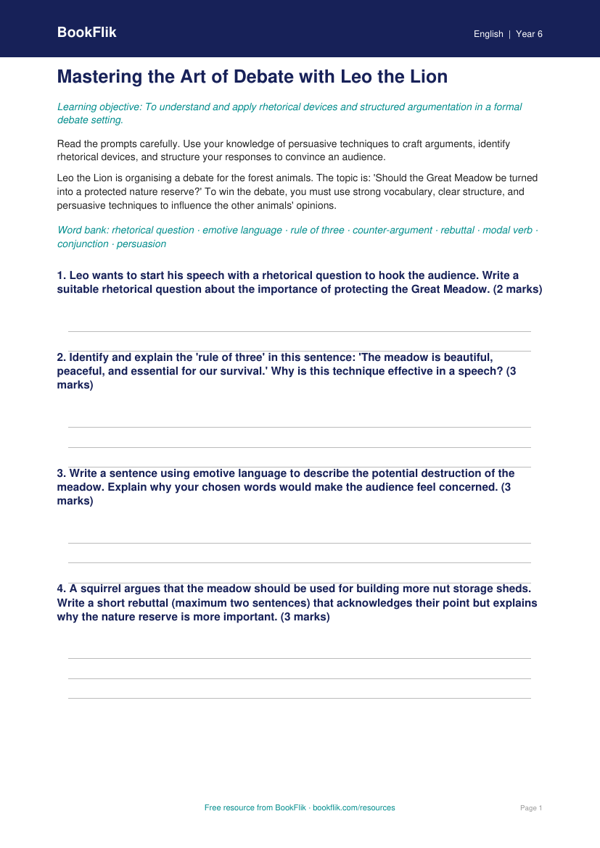 Free Debate And Rhetoric Worksheet | Year 6 Core | BookFlik worksheet preview — English Debate And Rhetoric