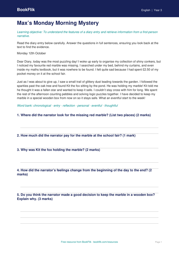 Free Diary Writing Comprehension | Year 3 Core | BookFlik worksheet preview — English Diary Writing
