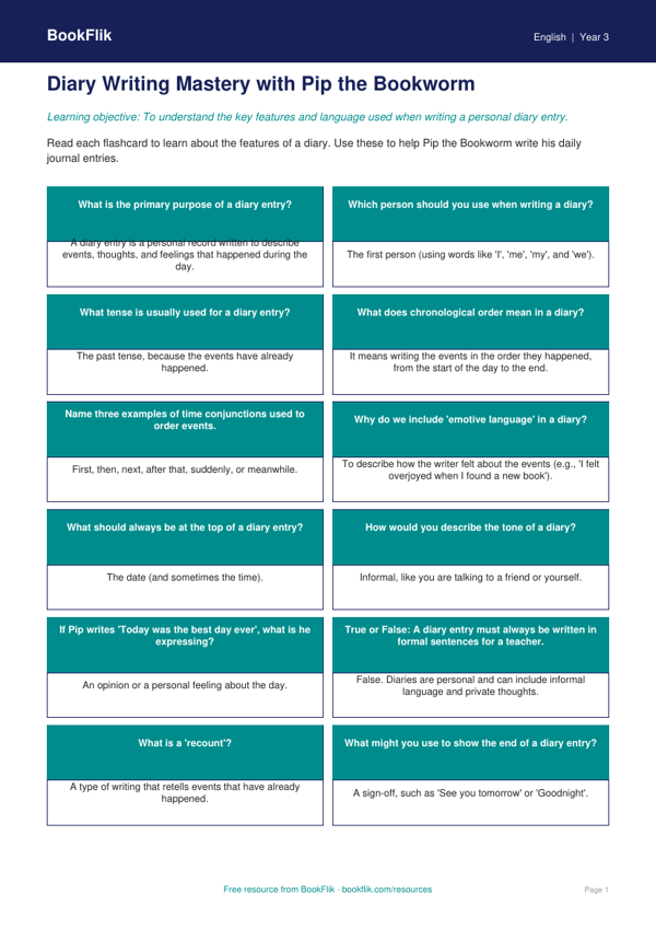 Free Diary Writing Flashcards | Year 3 Core | BookFlik worksheet preview — English Diary Writing