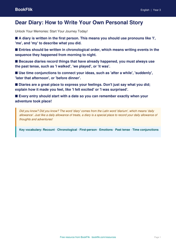 Free Diary Writing Poster | Year 3 Core | BookFlik worksheet preview — English Diary Writing