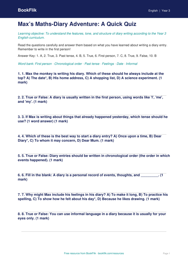Free Diary Writing Quiz | Year 3 Core | BookFlik worksheet preview — English Diary Writing