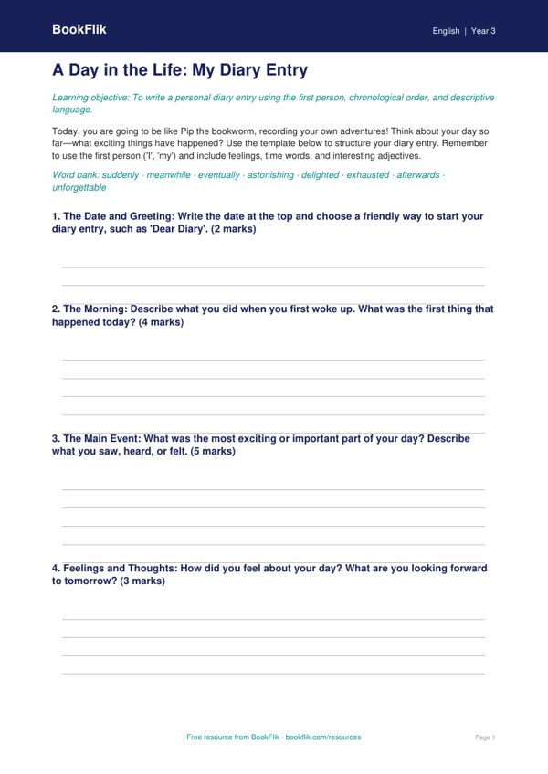 Free Diary Writing Template | Year 3 Core | BookFlik worksheet preview — English Diary Writing