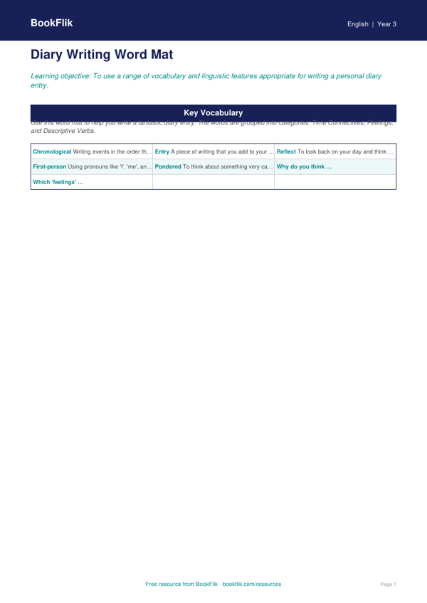 Free Diary Writing Word Mat | Year 3 Core | BookFlik worksheet preview — English Diary Writing