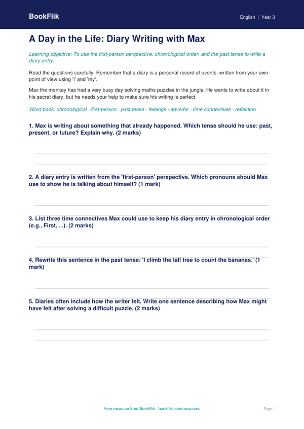 Free Diary Writing Worksheet | Year 3 Core | BookFlik worksheet preview — English Diary Writing