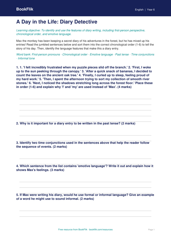Free Diary Writing Activity Sheet | Year 6 Core | BookFlik worksheet preview — English Diary Writing