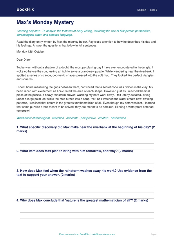 Free Diary Writing Comprehension | Year 6 Core | BookFlik worksheet preview — English Diary Writing
