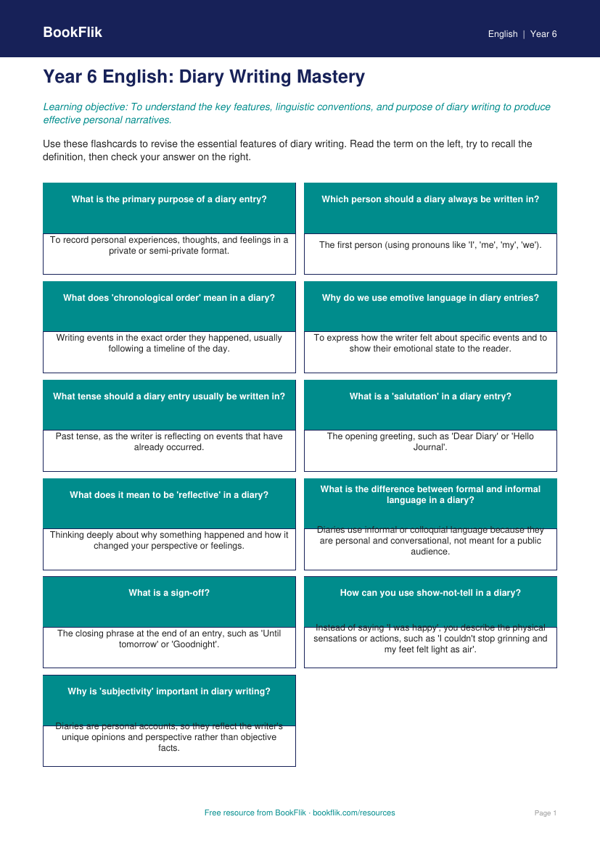 Free Diary Writing Flashcards | Year 6 Core | BookFlik worksheet preview — English Diary Writing