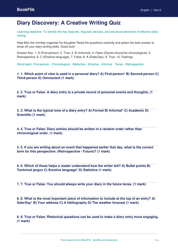 Free Diary Writing Quiz | Year 6 Core | BookFlik worksheet preview — English Diary Writing