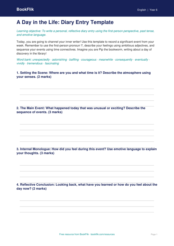 Free Diary Writing Template | Year 6 Core | BookFlik worksheet preview — English Diary Writing