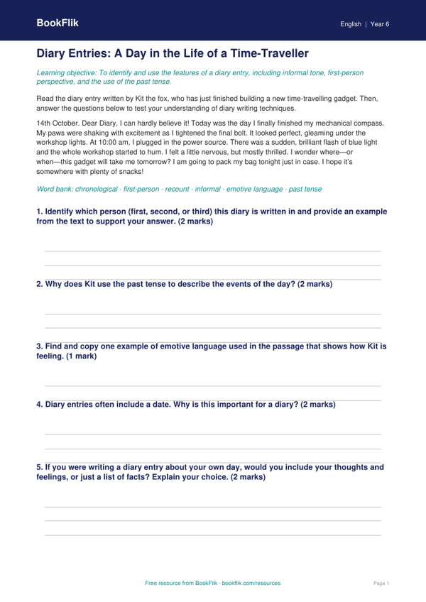 Free Diary Writing Track Sheet | Year 6 Core | BookFlik worksheet preview — English Diary Writing