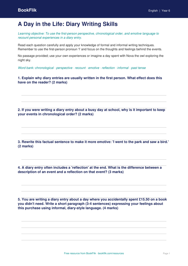 Free Diary Writing Worksheet | Year 6 Core | BookFlik worksheet preview — English Diary Writing