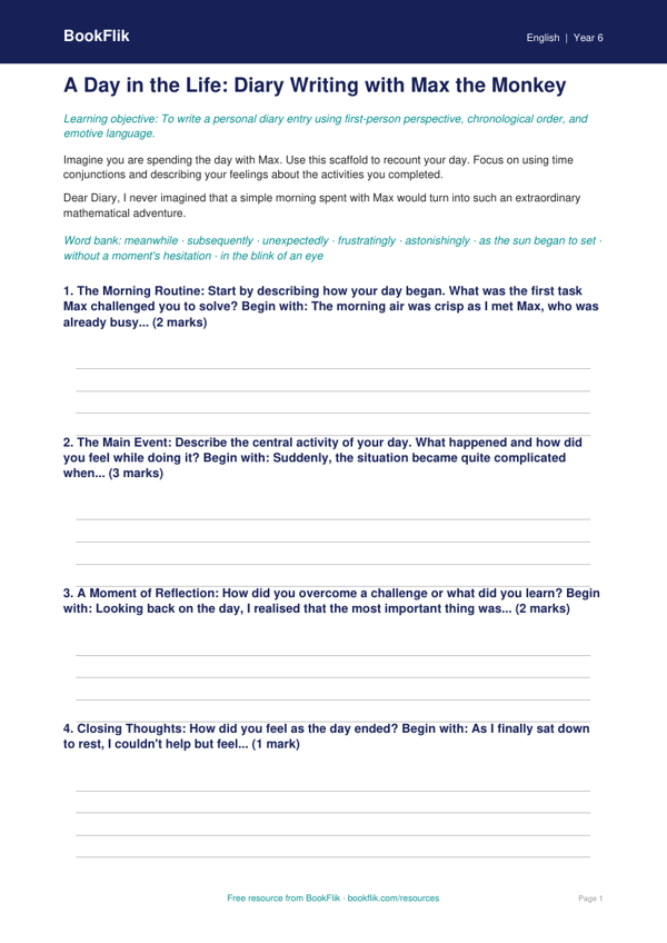 Free Diary Writing Frame | Year 6 Literacy Resource | BookFlik worksheet preview — English Diary Writing