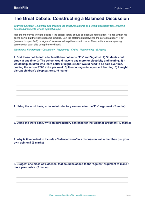 Free Discussion Texts Activity Sheet | Year 6 Core | BookFlik worksheet preview — English Discussion Texts