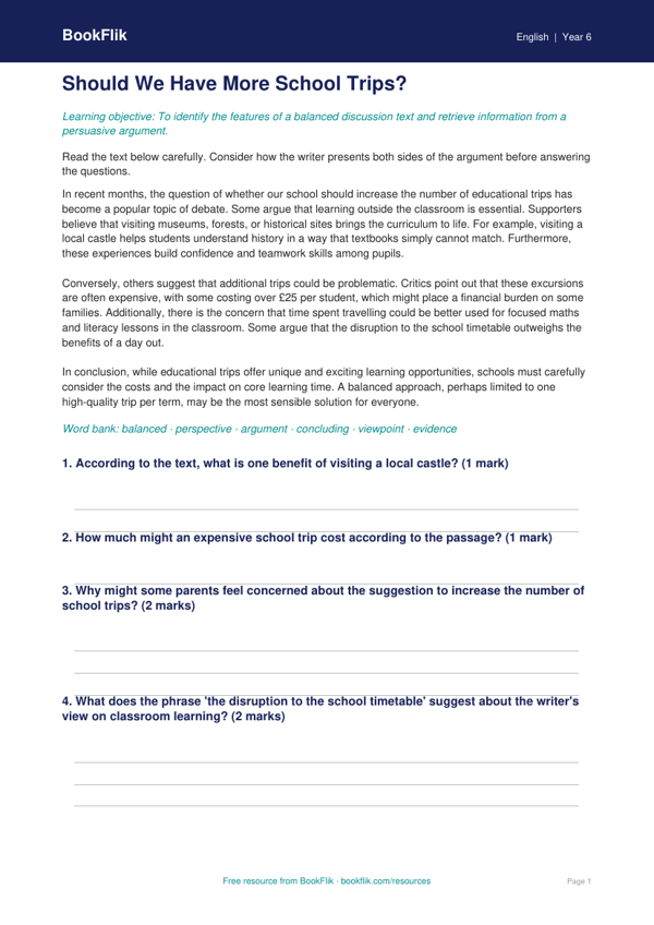 Free Discussion Texts Comprehension | Year 6 Core | BookFlik worksheet preview — English Discussion Texts