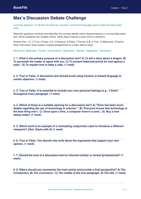 Free Discussion Texts Quiz | Year 6 Core | BookFlik worksheet preview — English Discussion Texts