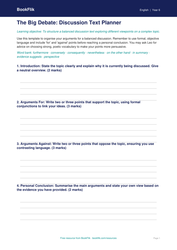 Free Discussion Texts Template | Year 6 Core | BookFlik worksheet preview — English Discussion Texts