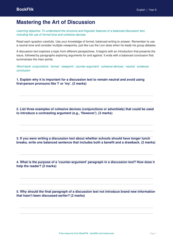 Free Discussion Texts Worksheet | Year 6 Core | BookFlik worksheet preview — English Discussion Texts
