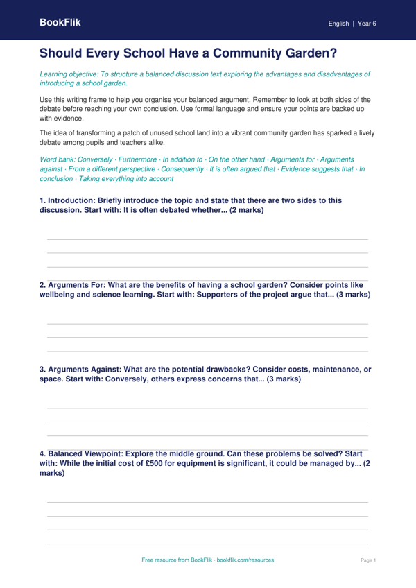 Free Discussion Texts Writing Frame | Year 6 Core | BookFlik worksheet preview — English Discussion Texts