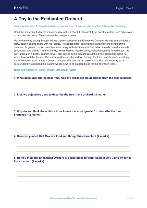 Free Expanded Noun Phrases Comprehension | Year 3 Core | BookFlik worksheet preview — English Expanded Noun Phrases