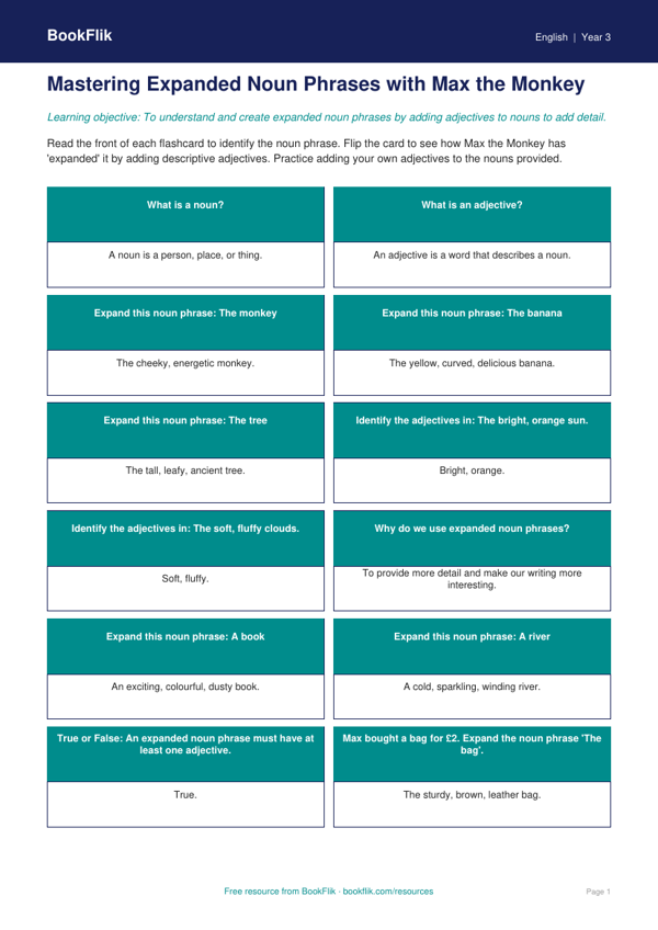 Free Expanded Noun Phrases Flashcards | Year 3 Core | BookFlik worksheet preview — English Expanded Noun Phrases
