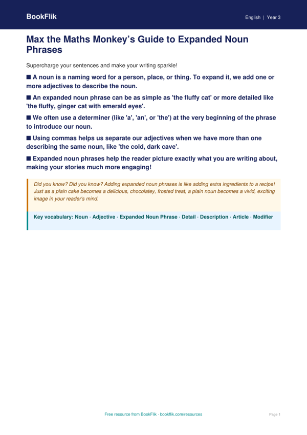 Free Expanded Noun Phrases Poster | Year 3 Core | BookFlik worksheet preview — English Expanded Noun Phrases