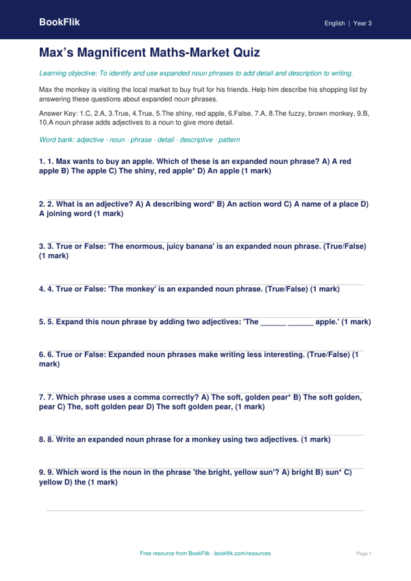 Free Expanded Noun Phrases Quiz | Year 3 Core | BookFlik worksheet preview — English Expanded Noun Phrases