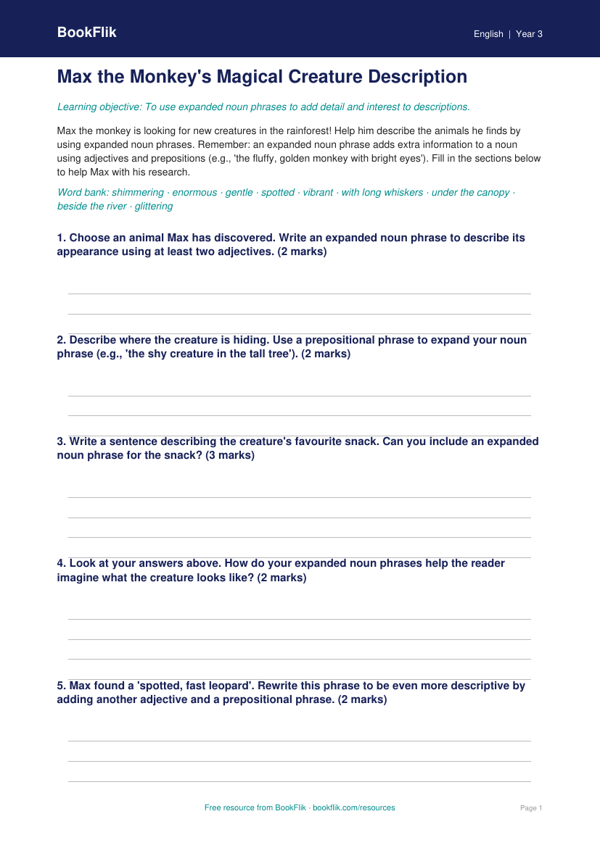 Free Expanded Noun Phrases Template | Year 3 Core | BookFlik worksheet preview — English Expanded Noun Phrases
