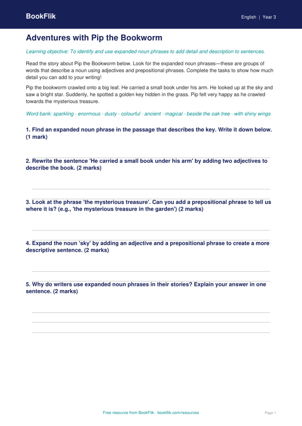 Free Expanded Noun Phrases Track Sheet | Year 3 Core | BookFlik worksheet preview — English Expanded Noun Phrases