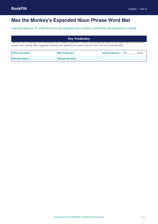Free Expanded Noun Phrases Word Mat | Year 3 Core | BookFlik worksheet preview — English Expanded Noun Phrases