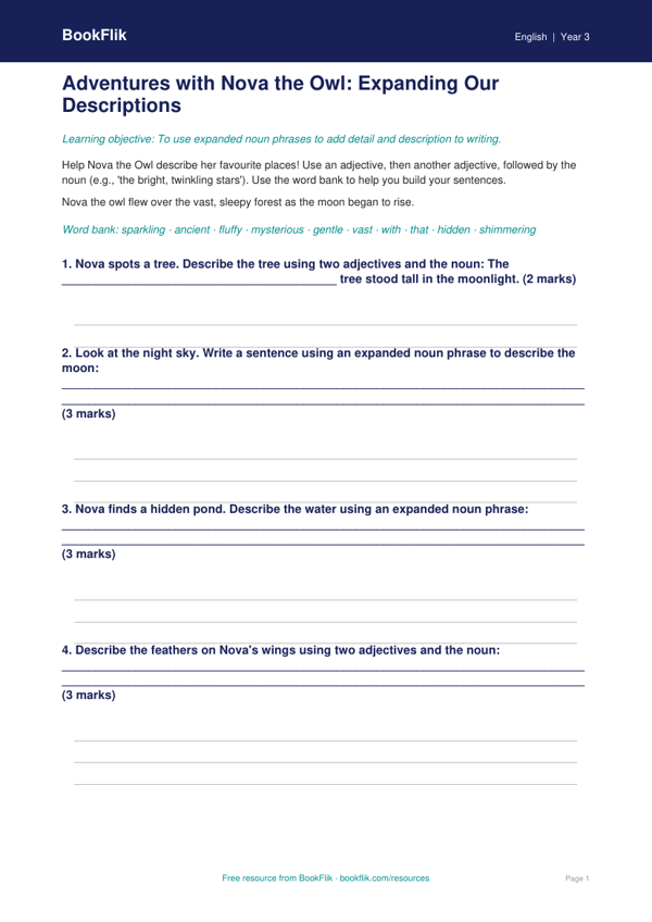 Free Expanded Noun Phrases Writing Frame | Year 3 Core | BookFlik worksheet preview — English Expanded Noun Phrases