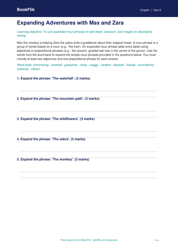 Free Expanded Noun Phrases Activity Sheet | Year 6 Core | BookFlik worksheet preview — English Expanded Noun Phrases