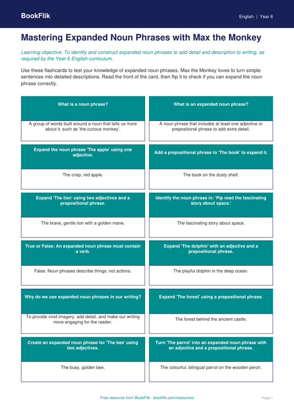 Free Expanded Noun Phrases Flashcards | Year 6 Core | BookFlik worksheet preview — English Expanded Noun Phrases