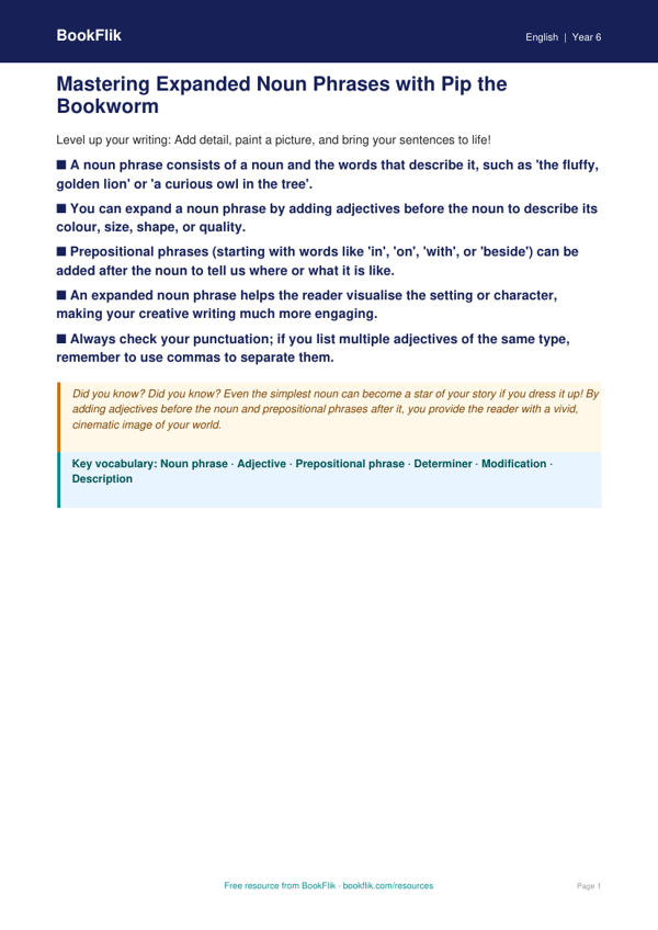 Free Expanded Noun Phrases Poster | Year 6 Core | BookFlik worksheet preview — English Expanded Noun Phrases