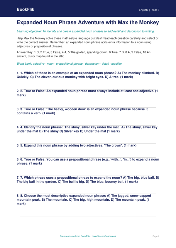 Free Expanded Noun Phrases Quiz | Year 6 Core | BookFlik worksheet preview — English Expanded Noun Phrases