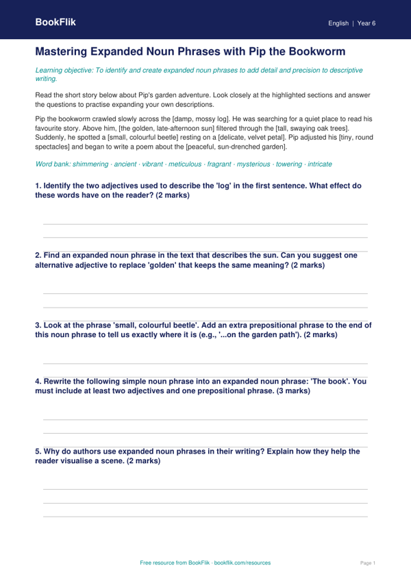 Free Expanded Noun Phrases Track Sheet | Year 6 Core | BookFlik worksheet preview — English Expanded Noun Phrases