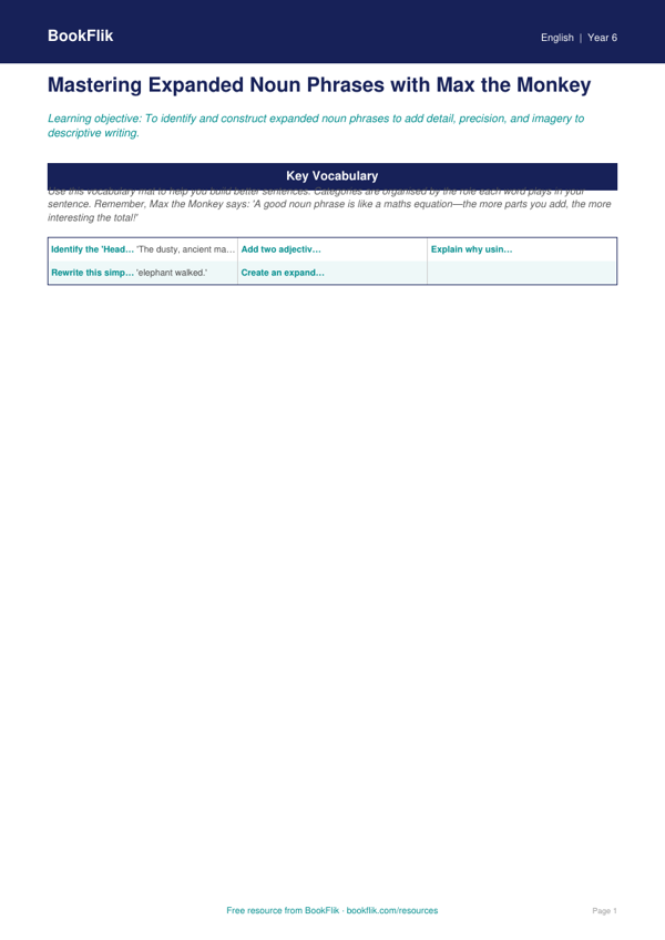 Free Expanded Noun Phrases Word Mat | Year 6 Core | BookFlik worksheet preview — English Expanded Noun Phrases