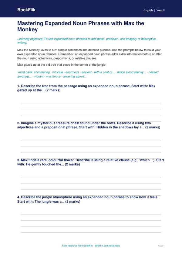 Free Expanded Noun Phrases Writing Frame | Year 6 Core | BookFlik worksheet preview — English Expanded Noun Phrases