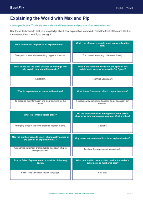 Free Explanation Texts Flashcards | Year 3 Core | BookFlik worksheet preview — English Explanation Texts