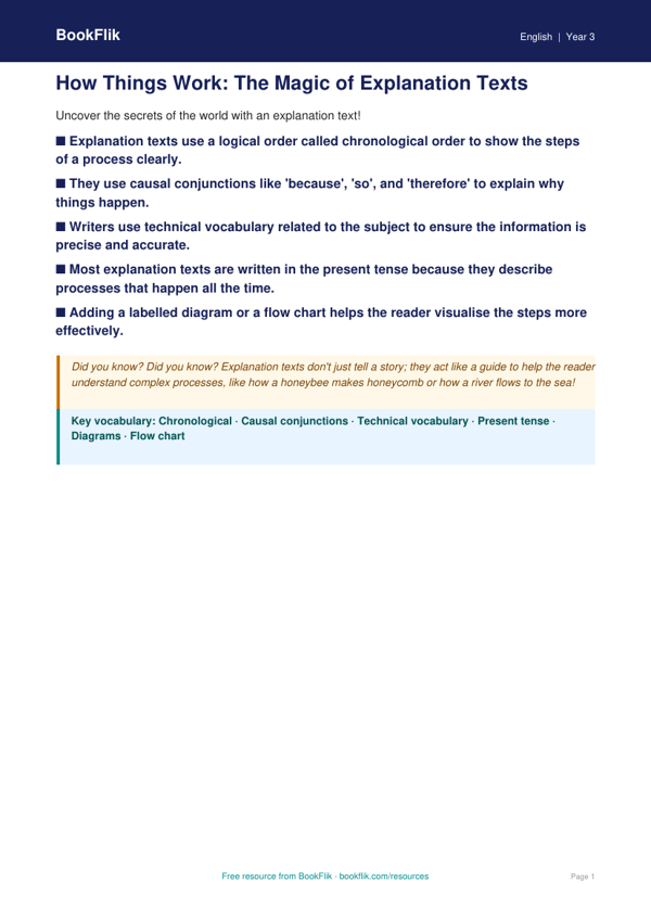 Free Explanation Texts Poster | Year 3 Core | BookFlik worksheet preview — English Explanation Texts