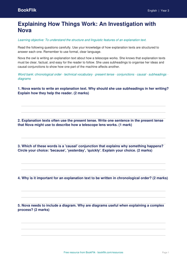 Free Explanation Texts Worksheet | Year 3 Core | BookFlik worksheet preview — English Explanation Texts