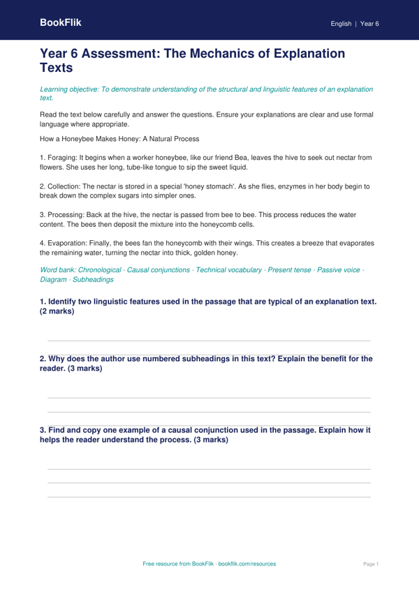 Free Explanation Texts Assessment | Year 6 Core | BookFlik worksheet preview — English Explanation Texts