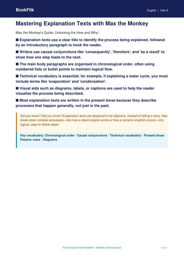 Free Explanation Texts Poster | Year 6 Core | BookFlik worksheet preview — English Explanation Texts