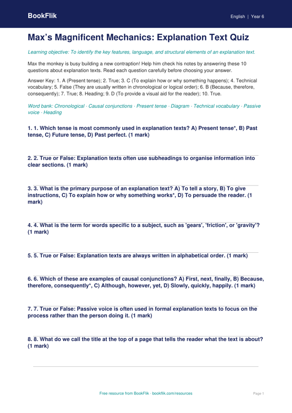 Free Explanation Texts Quiz | Year 6 Core | BookFlik worksheet preview — English Explanation Texts