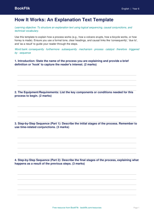 Free Explanation Texts Template | Year 6 Core | BookFlik worksheet preview — English Explanation Texts