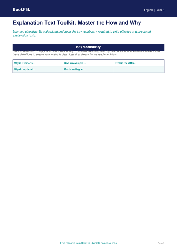Free Explanation Texts Word Mat | Year 6 Core | BookFlik worksheet preview — English Explanation Texts